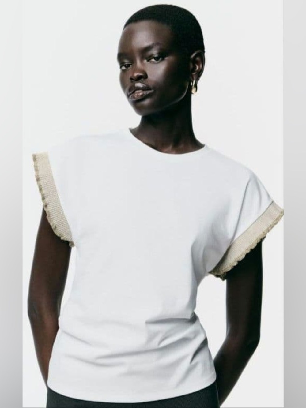 NWT Zara Cotton Crew Neck with Metallic Ruffle Sleeves